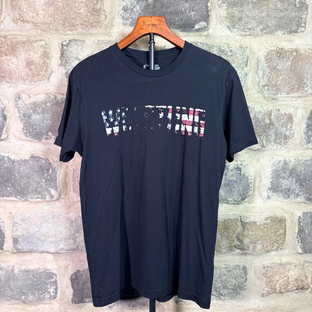 Ranger Up Mens Wrestling Graphic T-Shirt Black‎ American Flag Distressed Size M